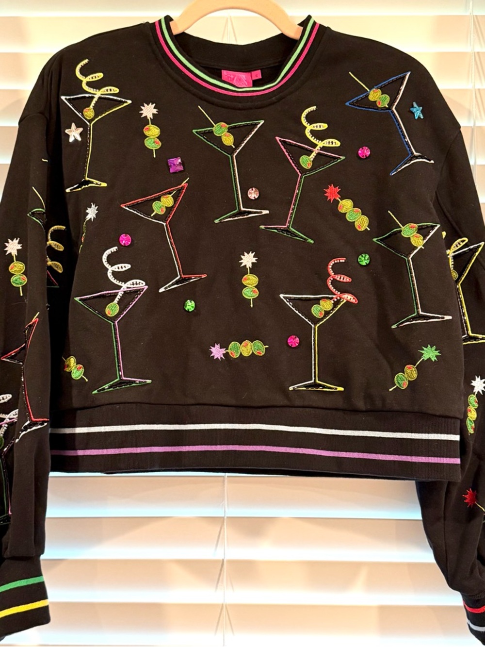 QUEEN OF SPARKLES EUC Black Cocktail Martini Embellished Sweatshirt